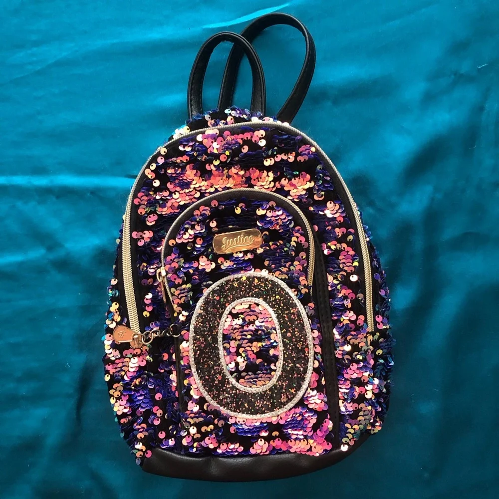 Girl’s Justice Sequin Backpack Letter O Purple Pink 2 Pockets Adjustable Straps